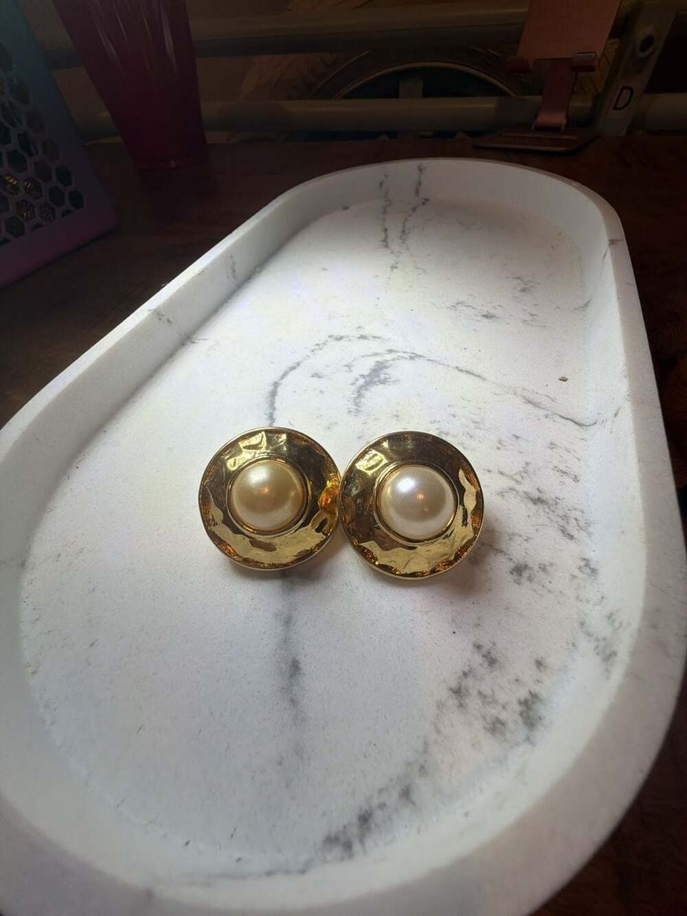 Vintage Yves Saint Laurent Gold Tone Textured Round Faux Pearl Clip-On Earrings